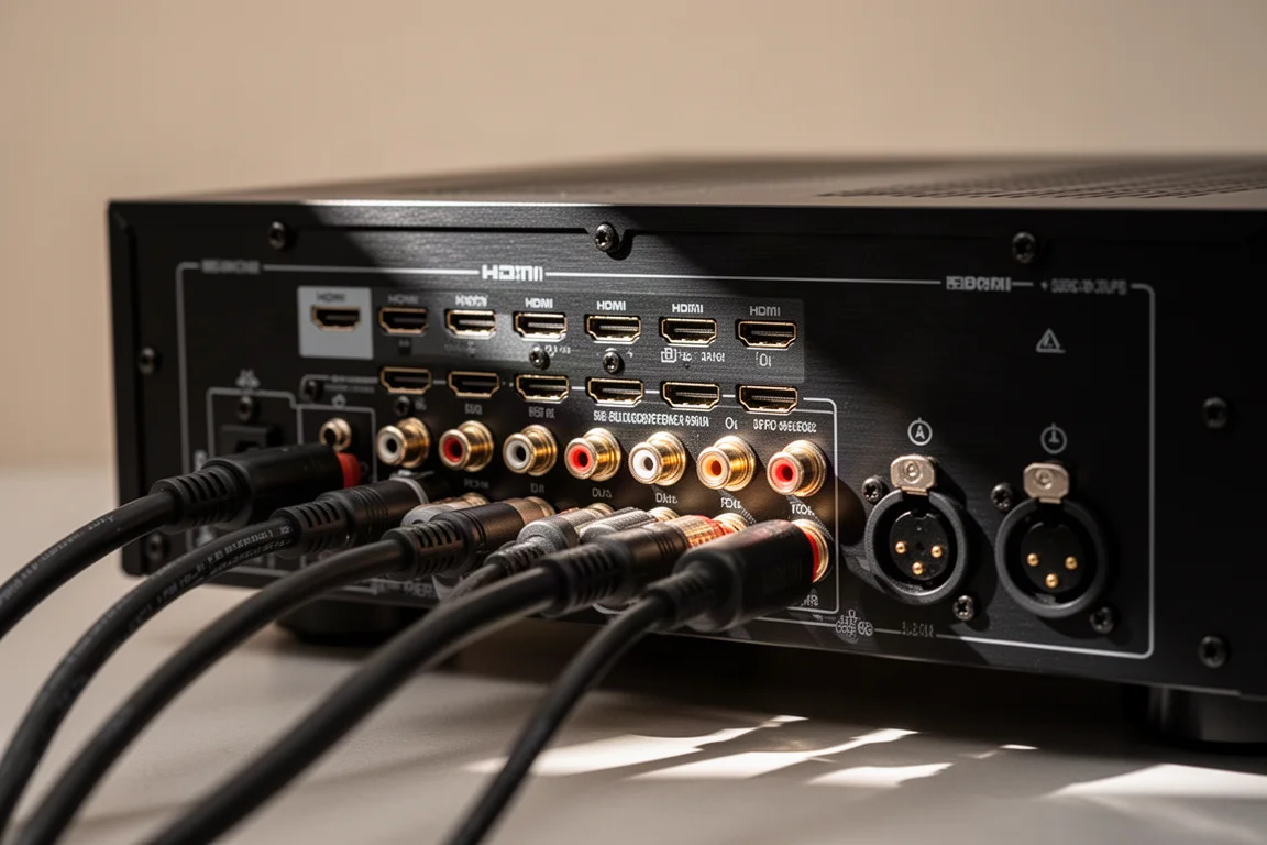 Close-up of AV receiver rear panel with HDMI ports, speaker terminals and subwoofer outputs