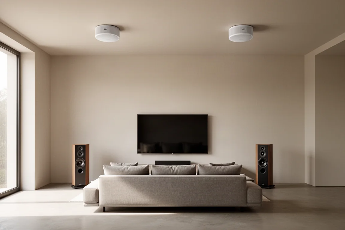 Living room with ceiling speakers installed above a sofa for immersive overhead audio