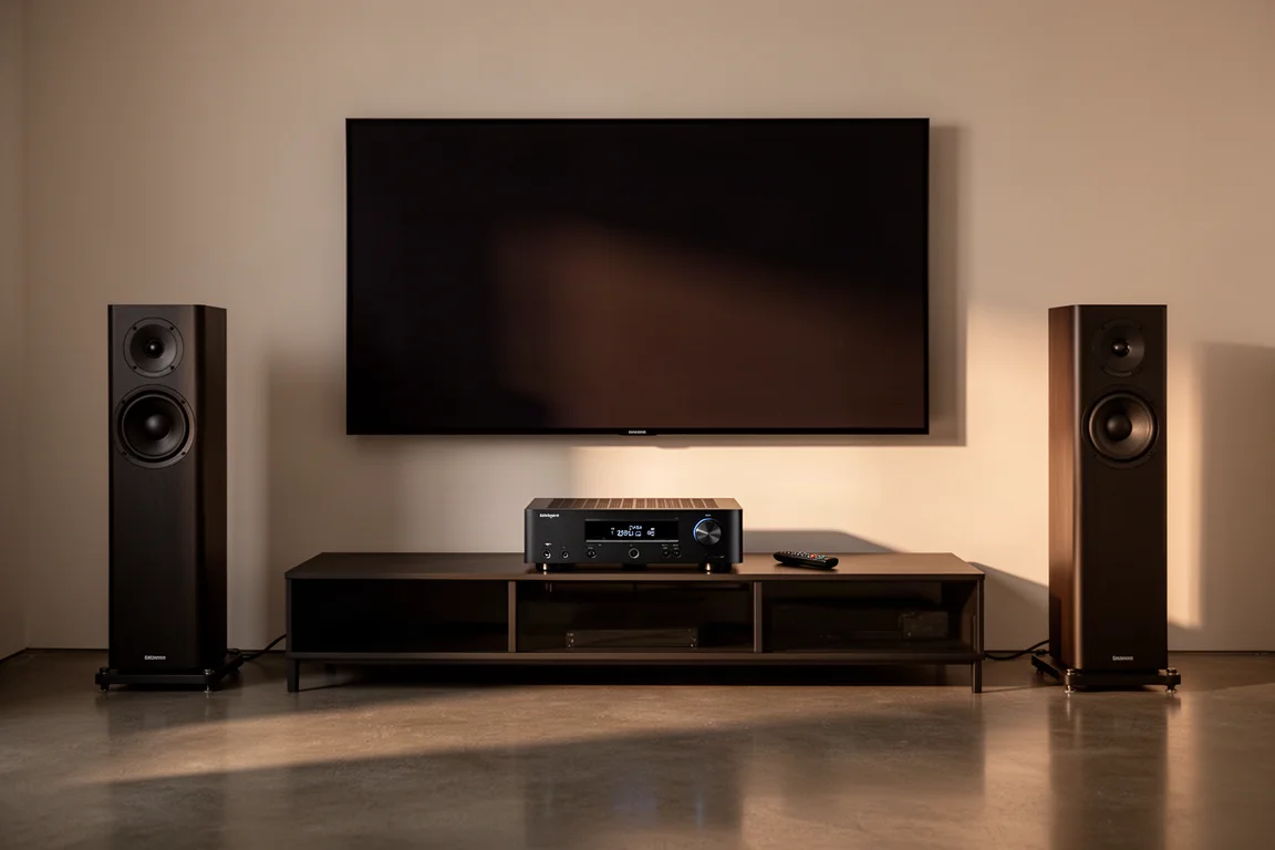 Quiet home theater room in evening light with AV receiver on a console and two speakers