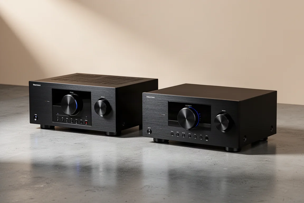 Two black home theater AV receivers side by side on a matte concrete surface