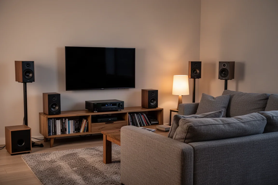 Woonkamer met home cinema, vijf speakers en een subwoofer in de schemering