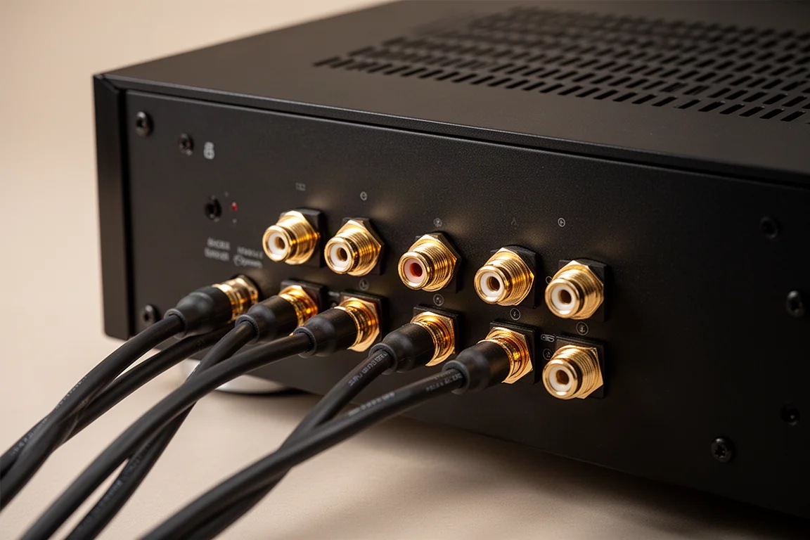 Close-up van luidsprekerklemmen op de achterkant van een home cinema-receiver