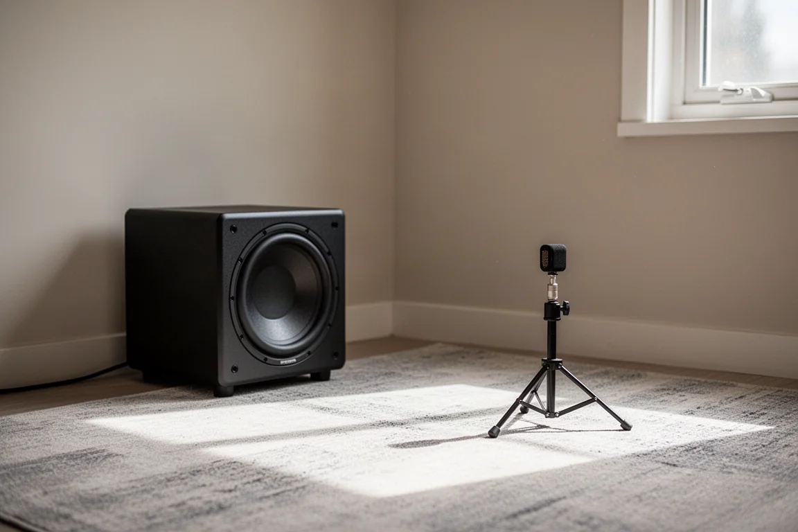 Compacte subwoofer in een hoek met een kalibratiemicrofoon op een statief