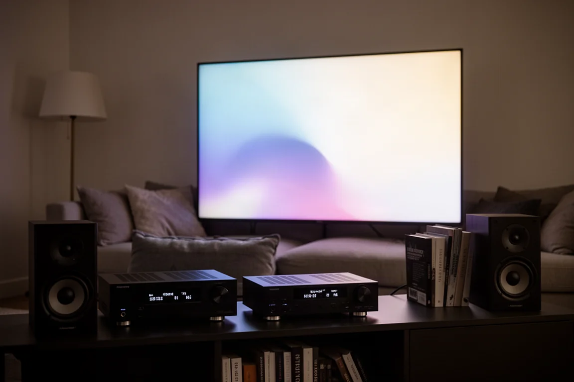 Woonkamer 's nachts met tv-gloed, AV-receiver en boekenplankspeakers