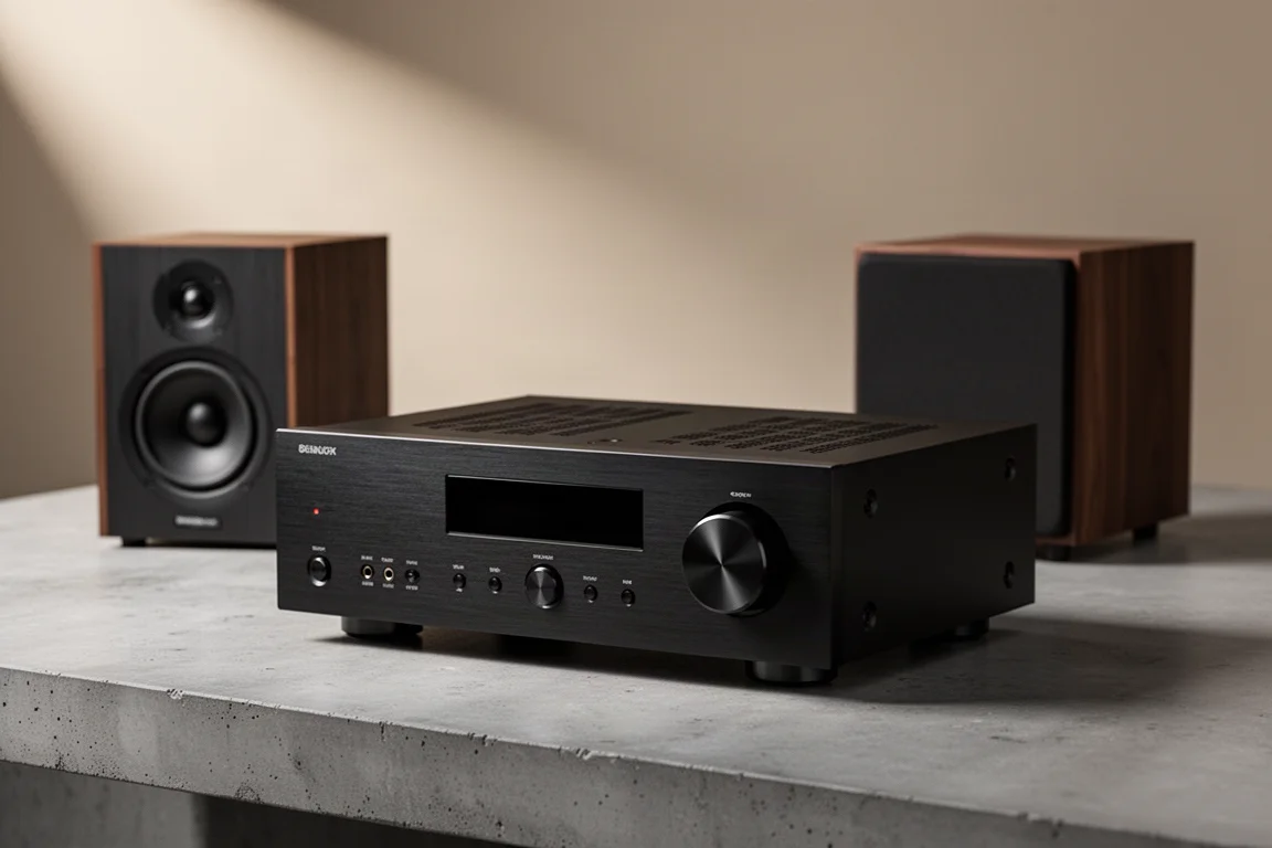 Black five-channel home theater receiver with a bookshelf speaker and subwoofer on concrete