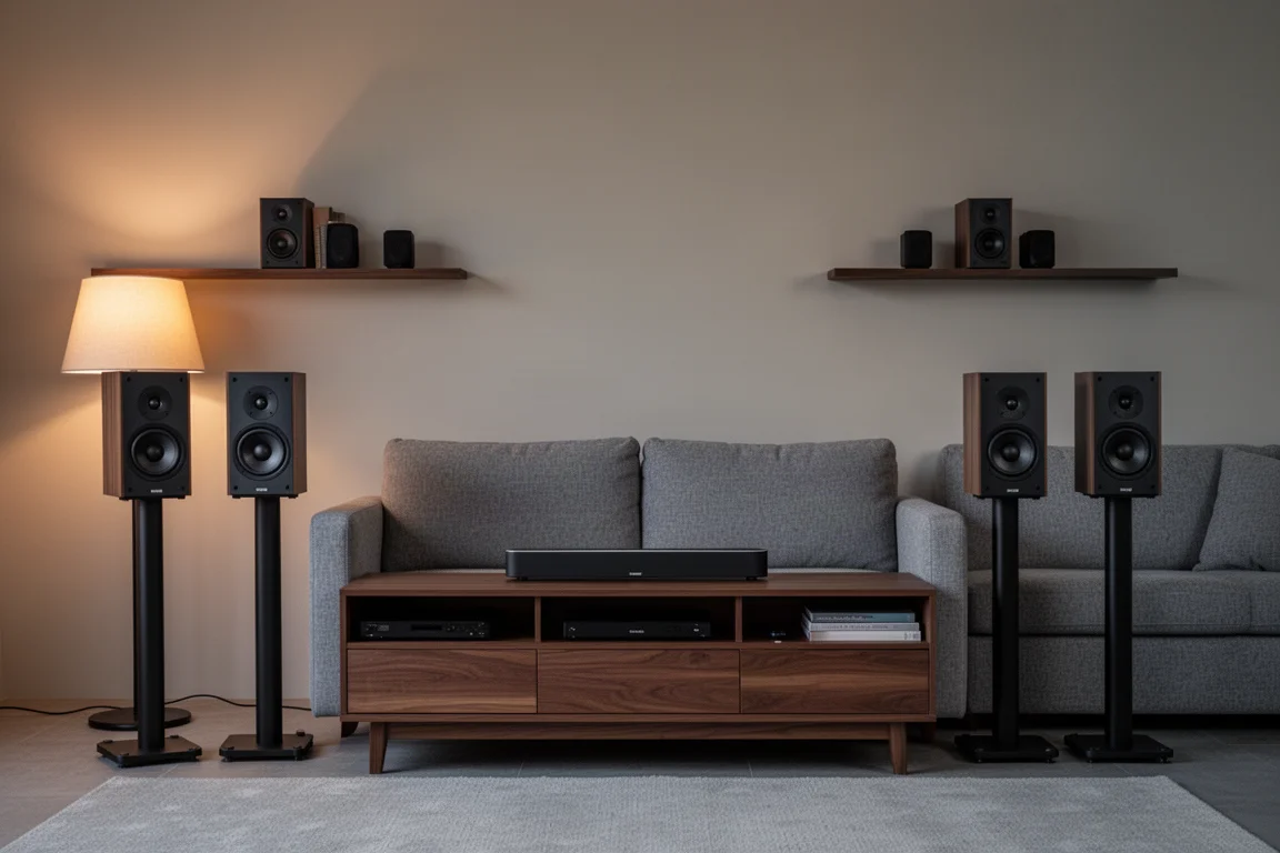 Living room with a five-speaker home theater setup around a television at dusk