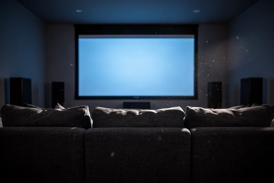 Dimly lit home theater room with a glowing screen seen from behind a sofa