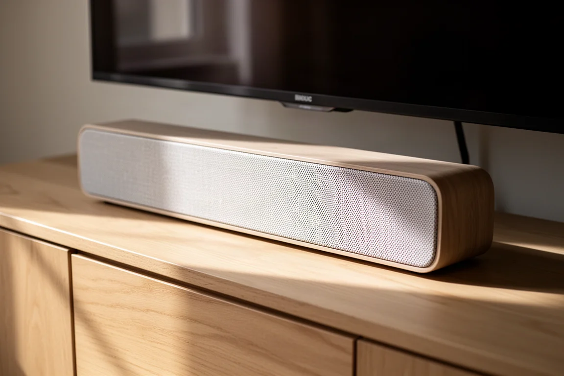 Slim center channel speaker on a wooden media console beneath a television