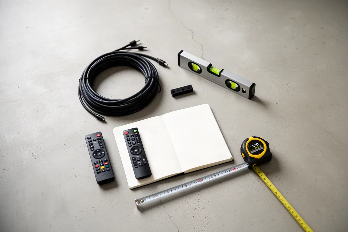 Overhead flat lay of speaker cable, level, remote, notebook and tape measure