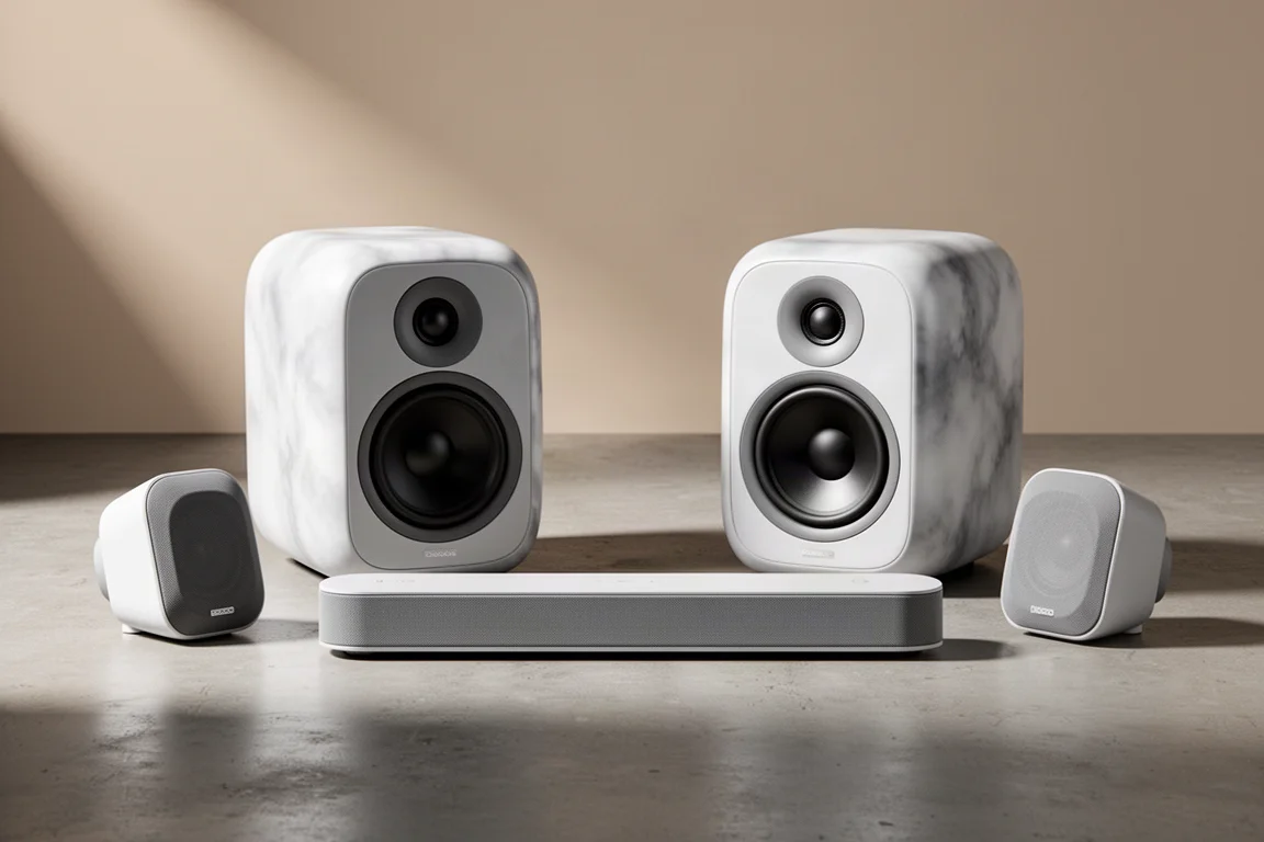 Five-piece Yamaha Studio 7 Series home theater speaker set on a concrete floor