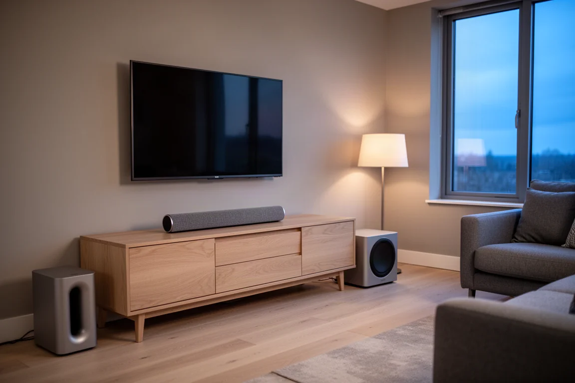 Woonkamer in de schemering met een slanke soundbar onder een wandgemonteerde televisie en een subwoofer naast het meubel