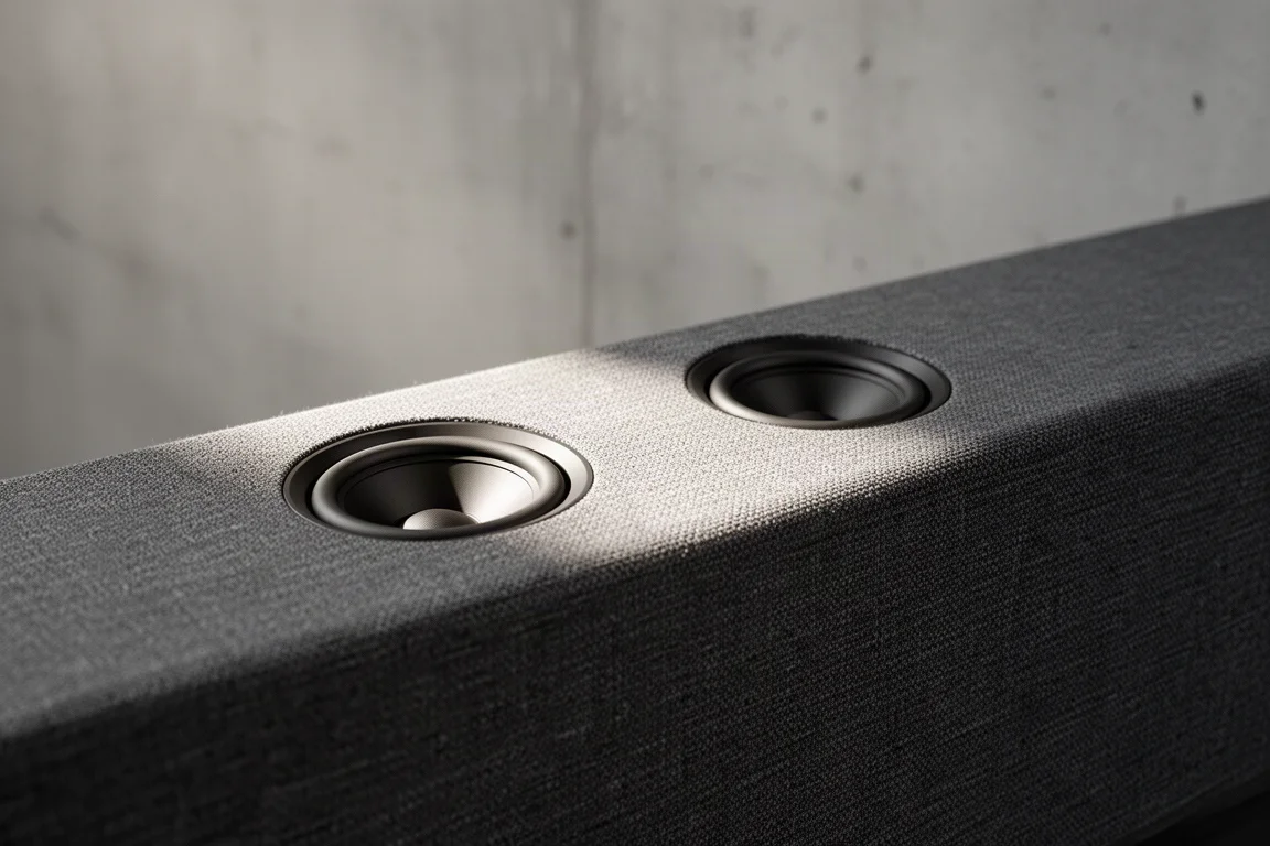 Detail van dichtbij van een met stof beklede soundbar met naar boven gerichte driver-openingen op het bovenvlak