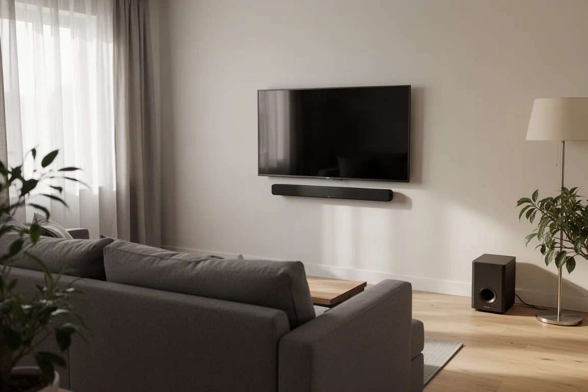 Compacte appartementswoonkamer gezien vanaf de bank met een kleine soundbar en een subwoofer in de hoek