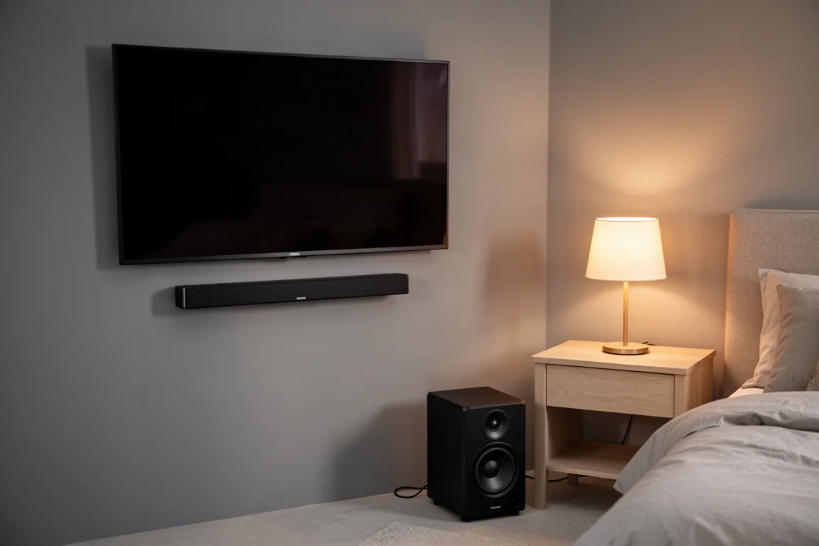 Medihoek in de slaapkamer bij nacht met een slanke soundbar onder een televisie en een subwoofer op de vloer
