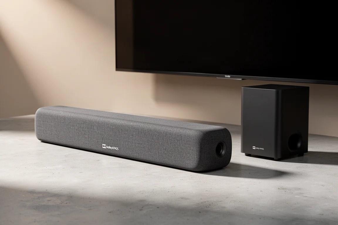 Fabric-wrapped Dolby Atmos soundbar with a compact wireless subwoofer on a pale concrete surface