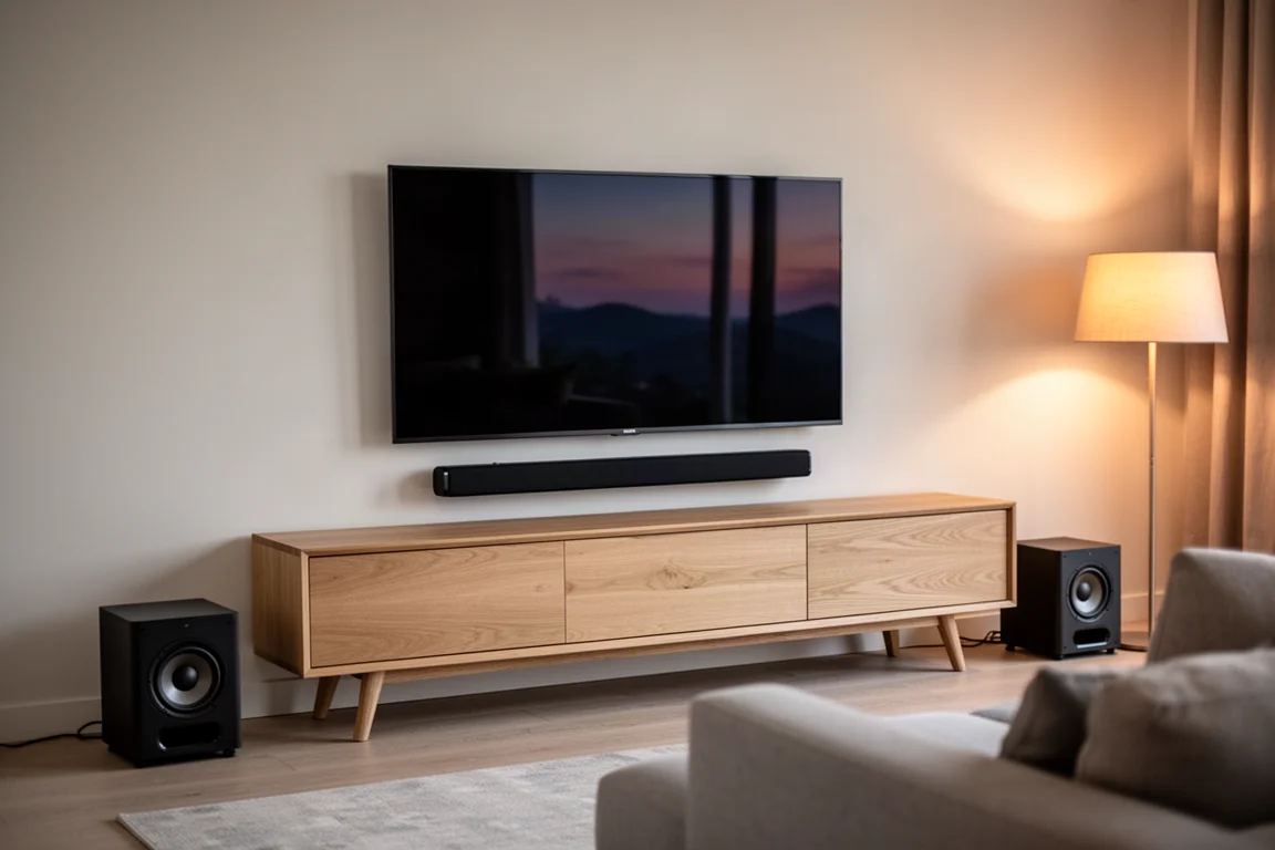 Salón al atardecer con una barra de sonido bajo un televisor y un subwoofer junto al mueble