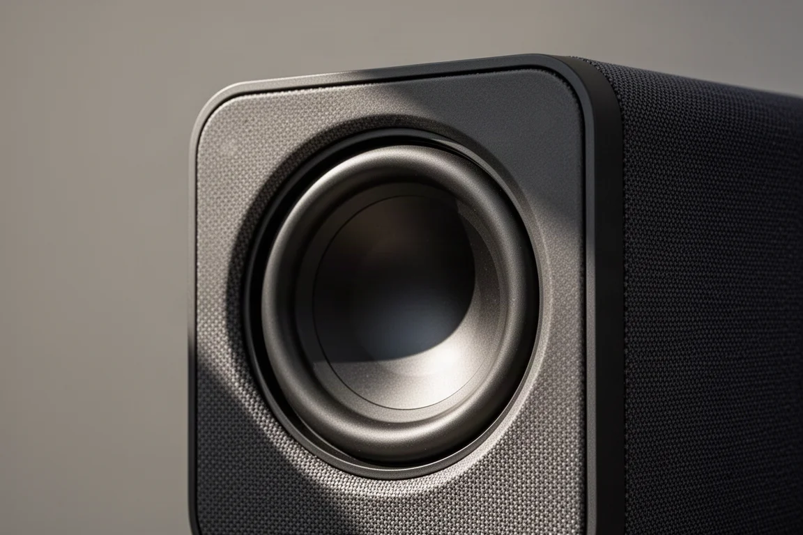 Primer plano del controlador de un subwoofer inalámbrico compacto en un mueble oscuro mate