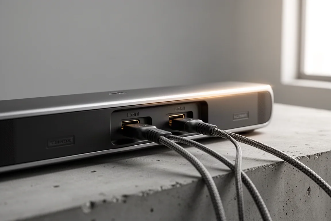 Panel trasero de una barra de sonido con dos puertos HDMI y cables conectados