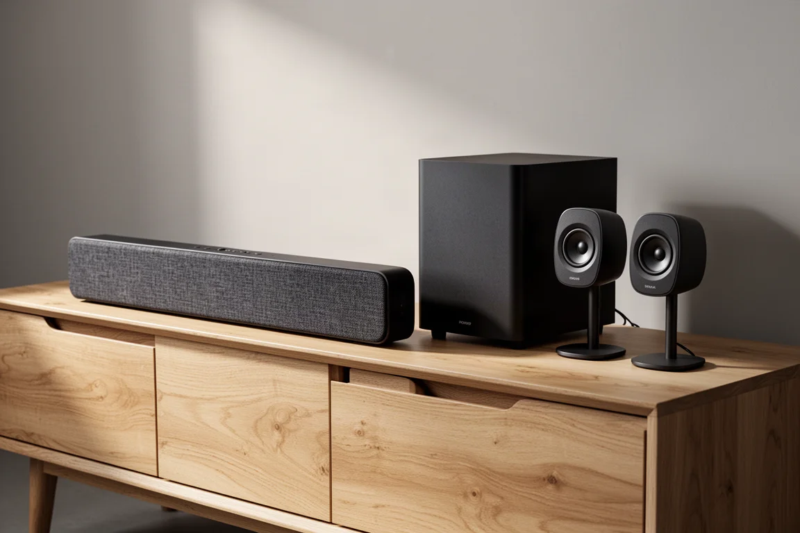 Soundbar, wireless subwoofer, and two satellite surround speakers arranged on a light oak console