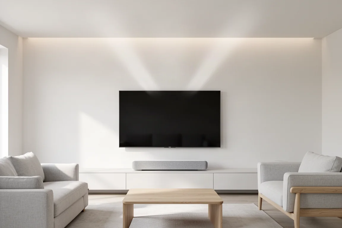 Płaski biały sufit nad soundbarem sugerujący odbijany dźwięk Dolby Atmos