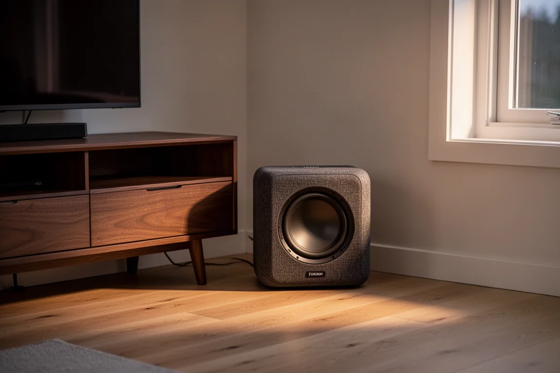 Kompaktowy bezprzewodowy subwoofer stojący w kącie obok drewnianej szafki RTV
