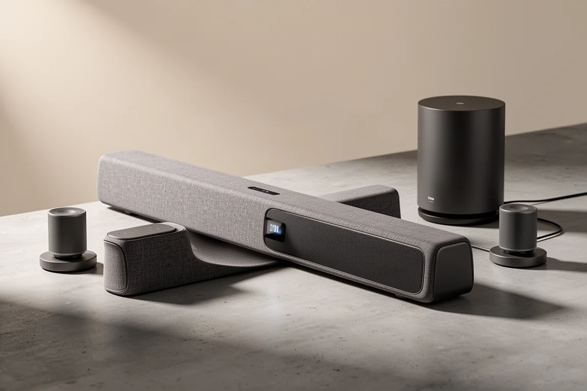 Soundbar system with wireless subwoofer and two surround speakers on a concrete surface