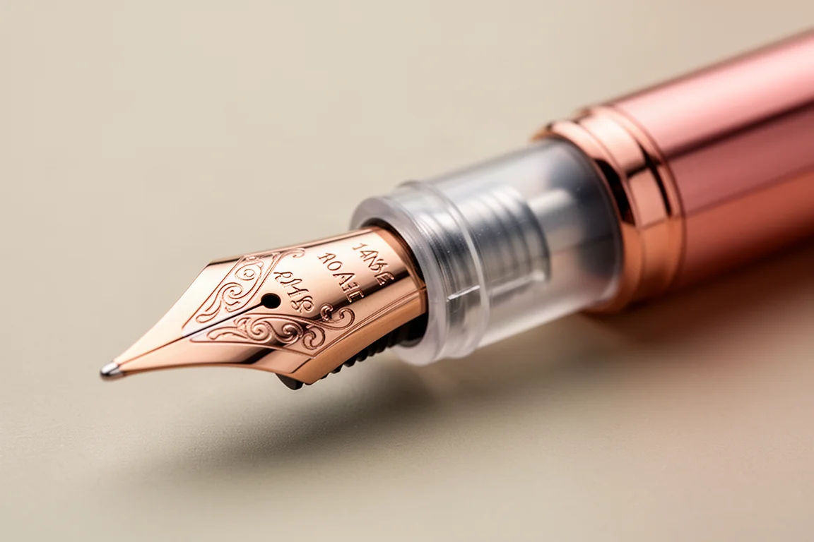 Primo piano di un pennino bicolore in oro con dettagli in oro rosa di una penna stilografica