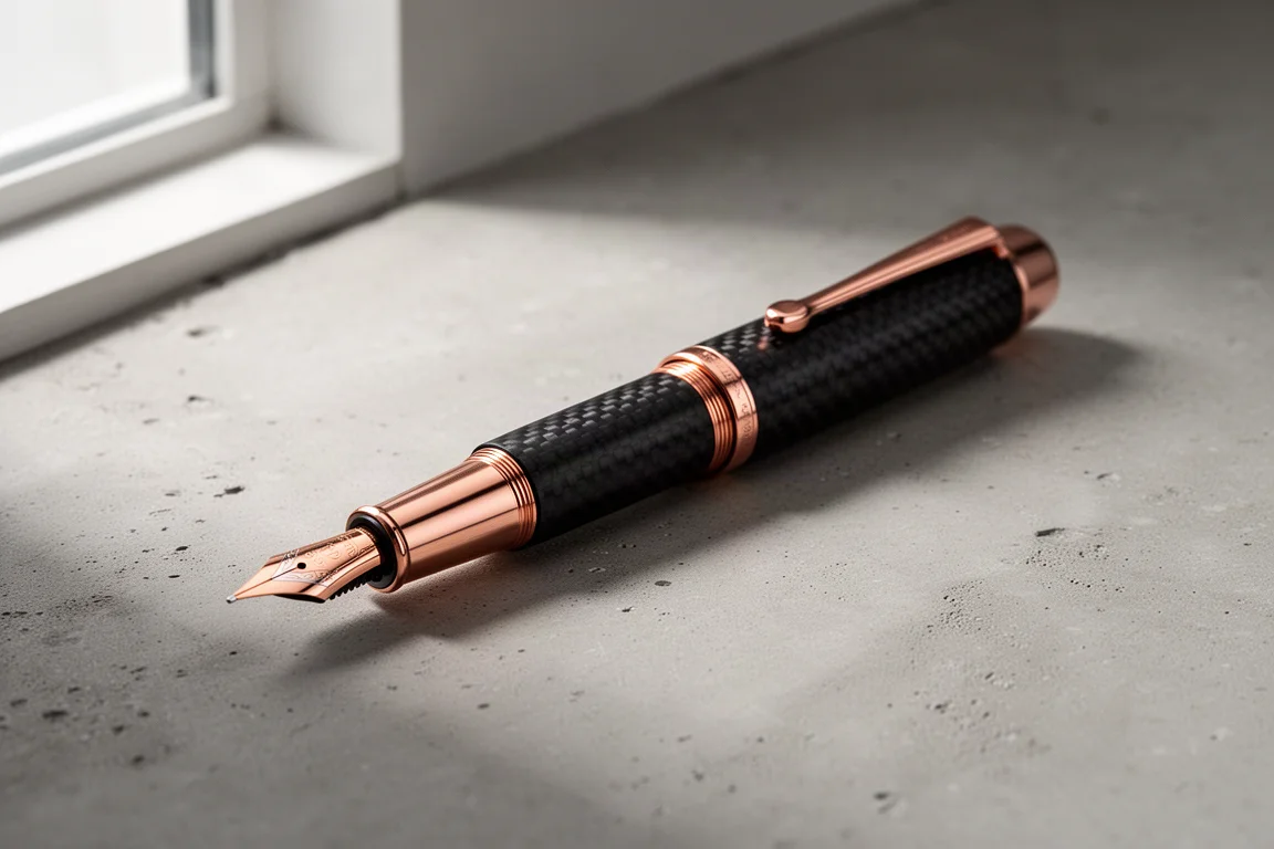 Handmade carbon fountain pen with rose gold trim resting on a concrete surface