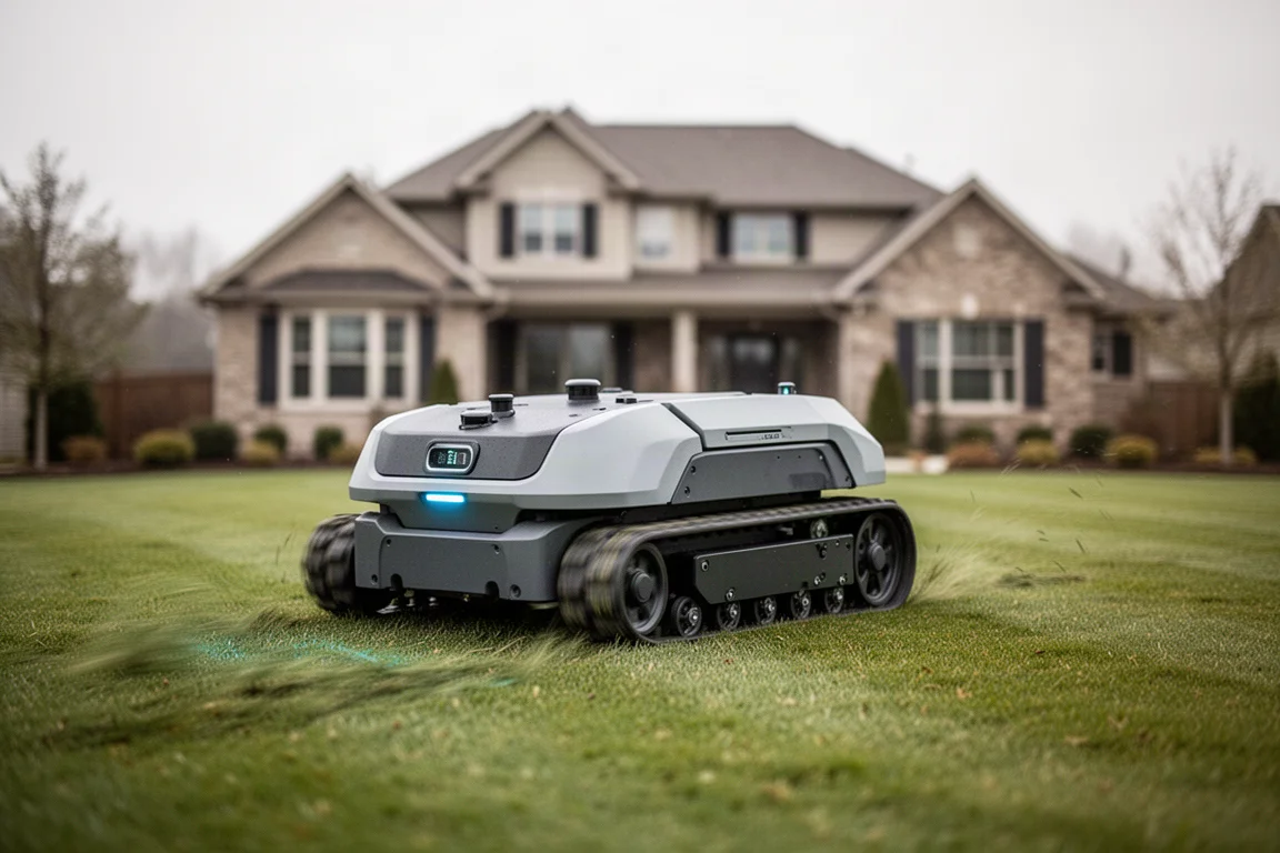 Kettengetriebener Gartenroboter fährt bei bewölktem Himmel über einen Rasen