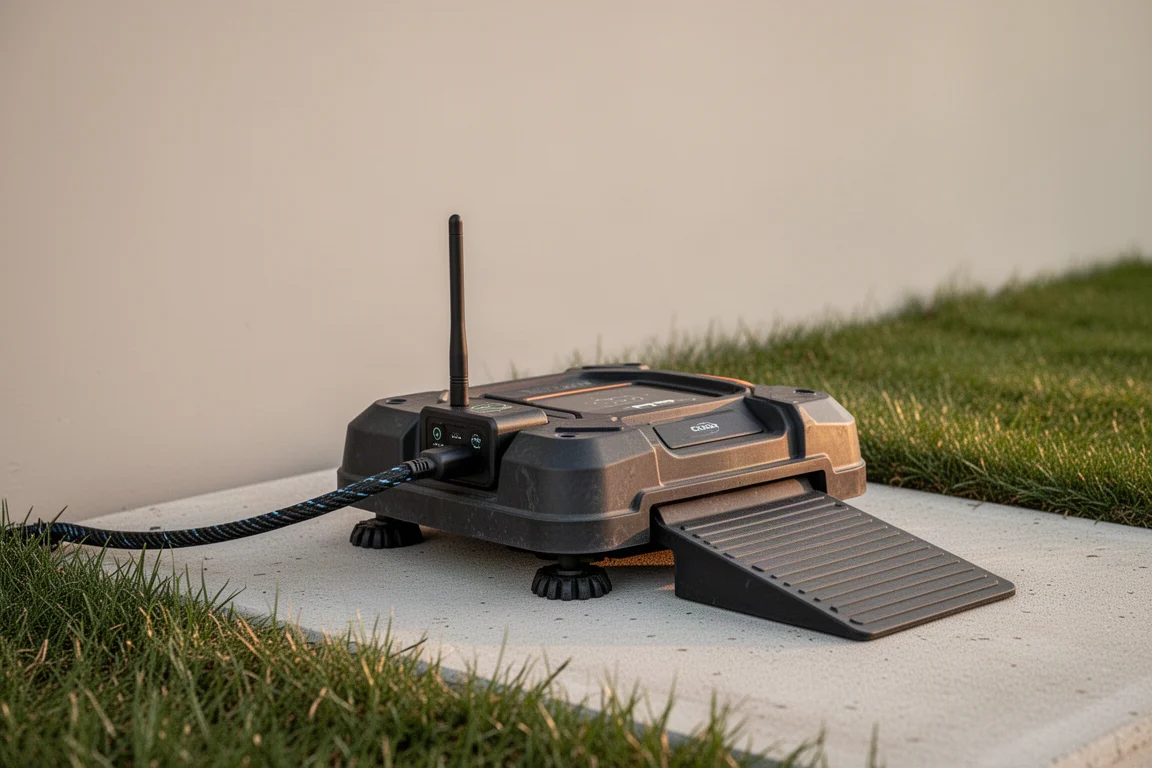 Outdoor-Ladestation mit dickem Kabel und Rampe auf einer Betonplatte
