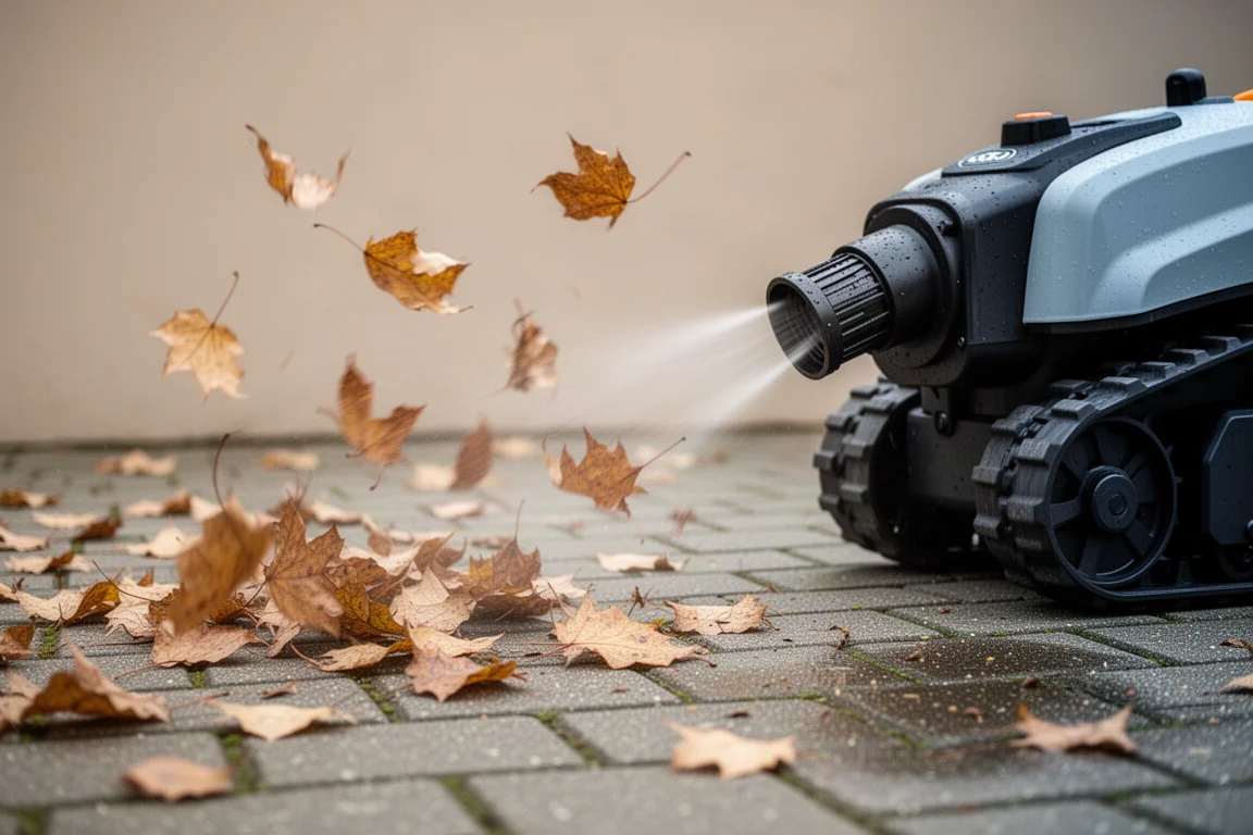 Die Bläserdüse des Gartenroboters bläst Laub von einem Gehweg