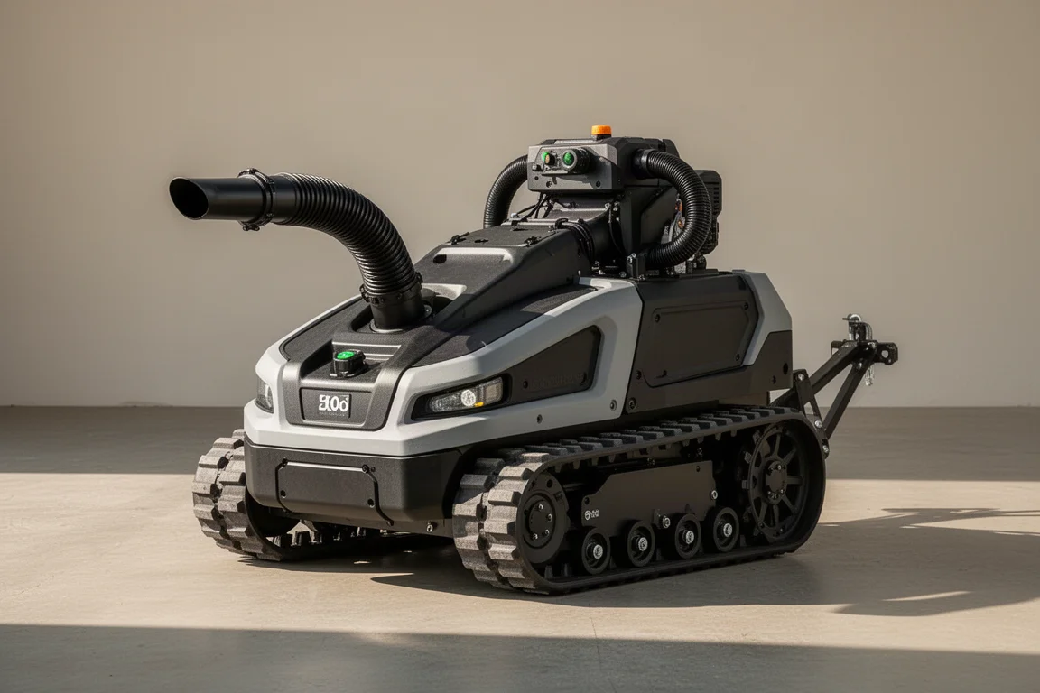 Tracked autonomous yard robot with blower module and tow hitch on concrete