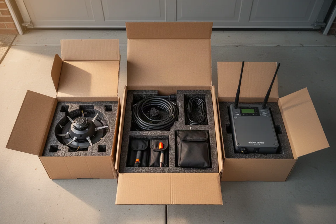 Unboxing del robot da giardino con componenti e attrezzi imballati nella schiuma disposti su un tavolo