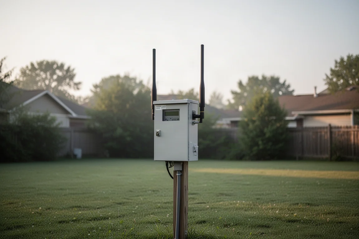 Antenne del data center posizionate su un prato aperto sotto un cielo sereno