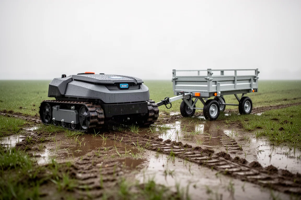 Robot cingolato che traina un piccolo carrello utenza su un prato morbido e fangoso