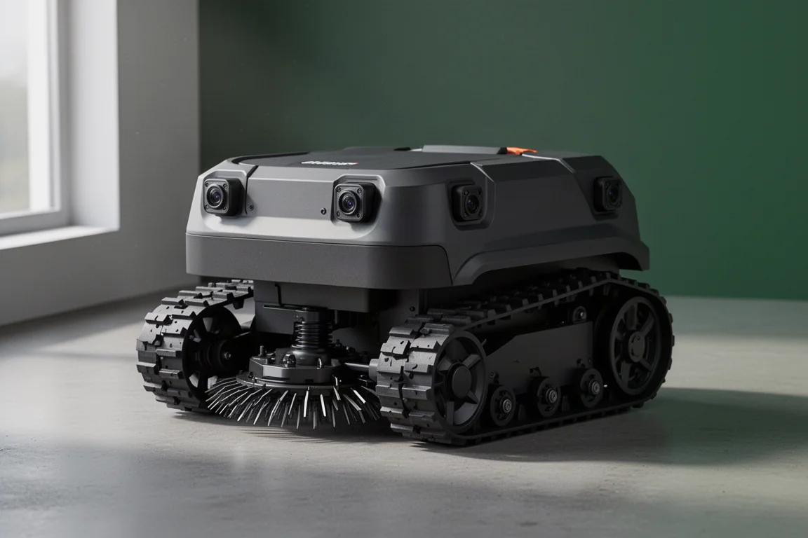 Tracked robotic yard robot photographed from a three-quarter angle on concrete