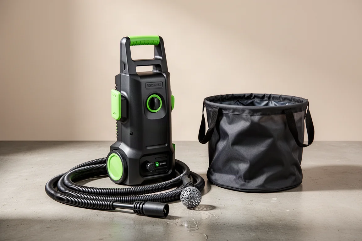 Portable battery pressure washer with suction hose and collapsible bucket on concrete