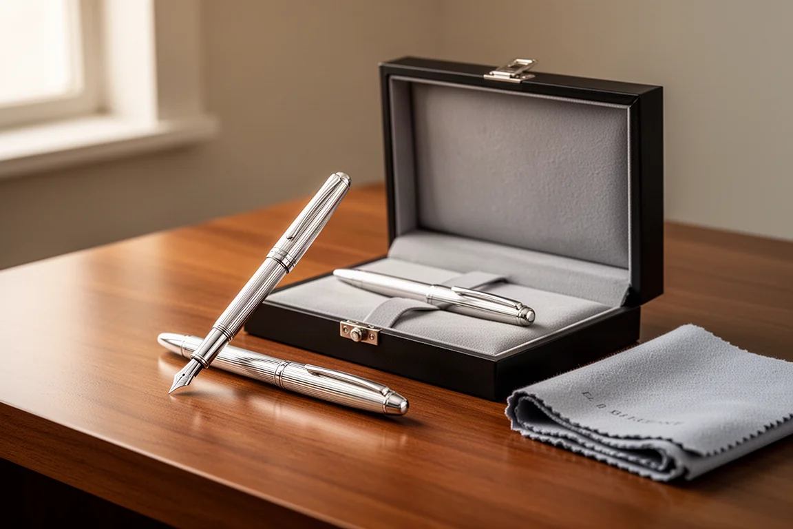 Srebrny Fountain Pen ze sterling silver leżący na otwartym pudełku prezentacyjnym wraz z ściereczką do polerowania