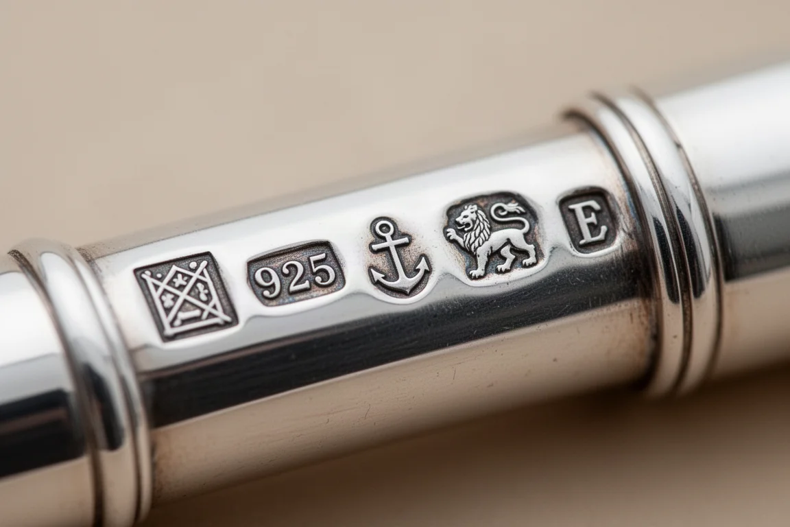 Zbliżenie na punce probiercze wygrawerowane na korpusie srebrnego Fountain Pen