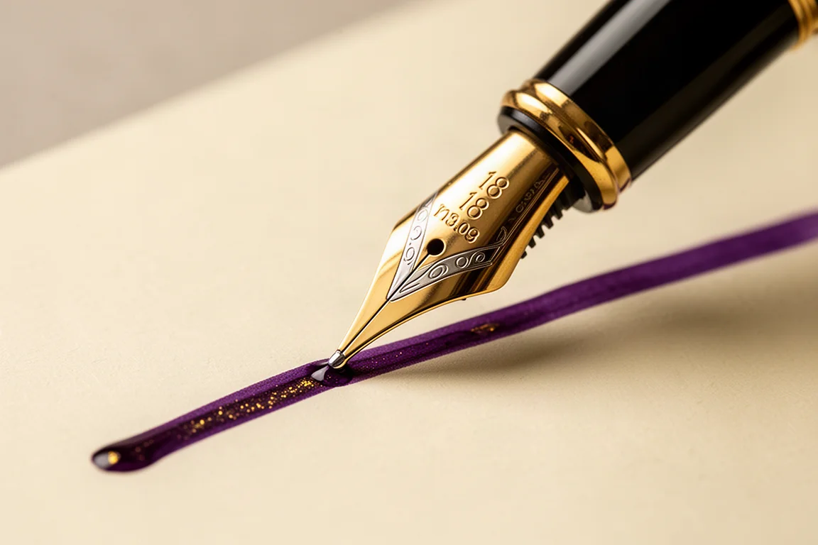 Stalówka Fountain Pen spoczywająca na papierze z obfitym, fioletowym śladem atramentu