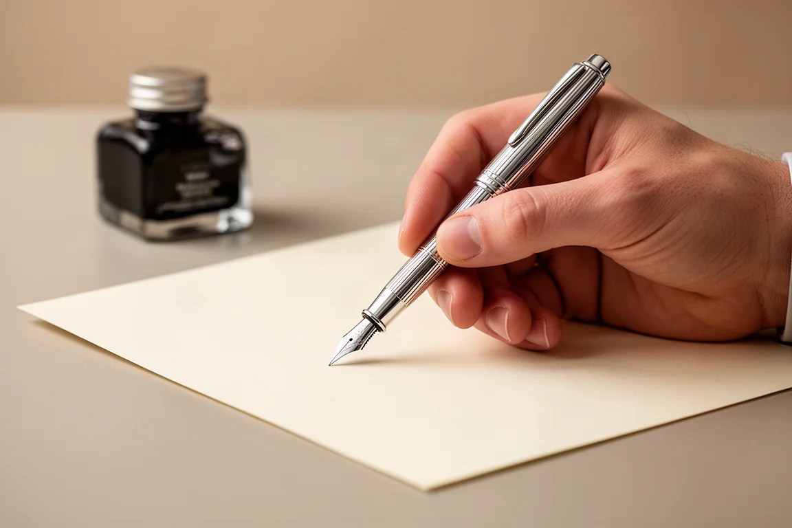 Dłoń pisząca srebrnym Fountain Pen ze sterling silver przy biurku, w świetle dziennym