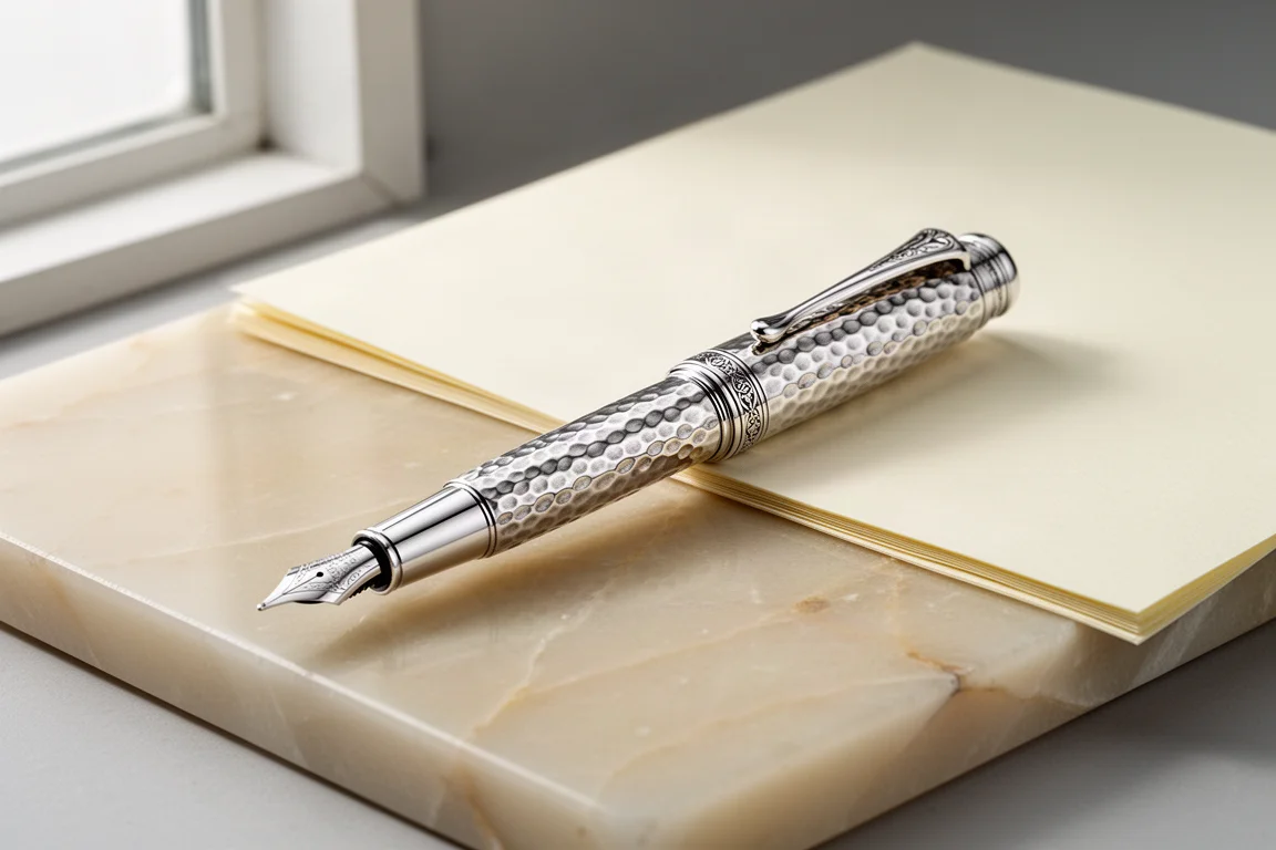 Penna stilografica in argento sterling con texture d'orzo battuta a mano su una superficie di marmo