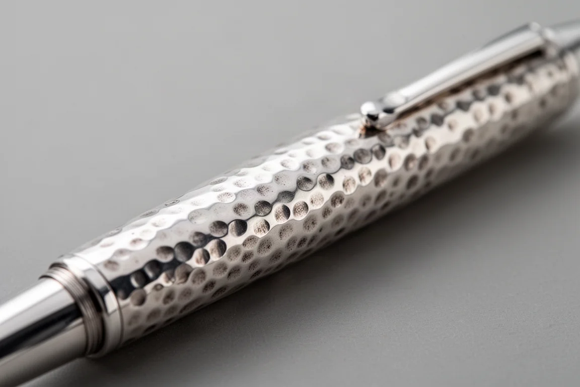 Nahaufnahme der handgehämmerten Sterlingsilber-Textur auf einem Füller-Schaft