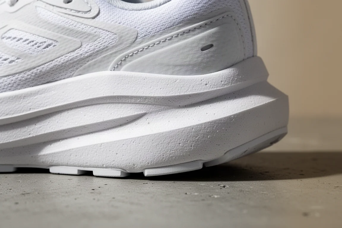 Close-up of a thick white running shoe midsole showing foam texture and heel geometry