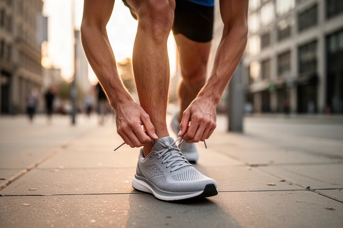 Runner tying laces on a lightweight training shoe in soft morning light