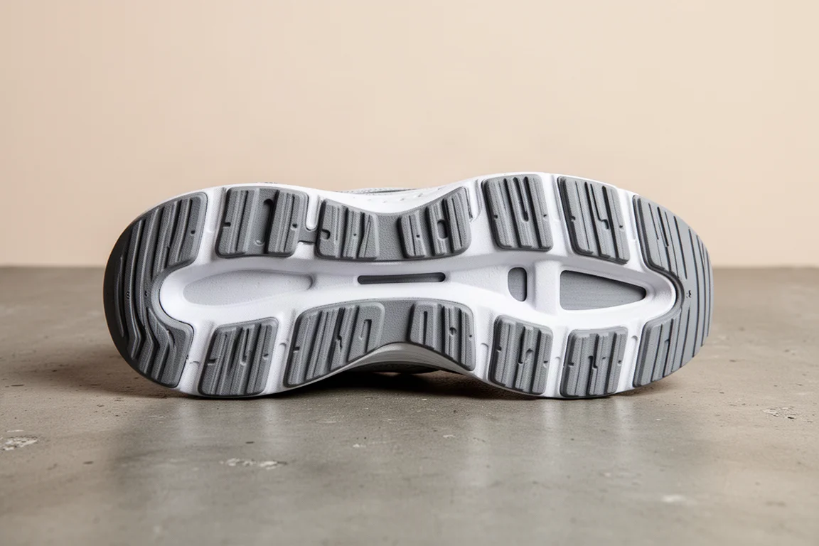 Underside of a running shoe outsole showing grooved grip pattern