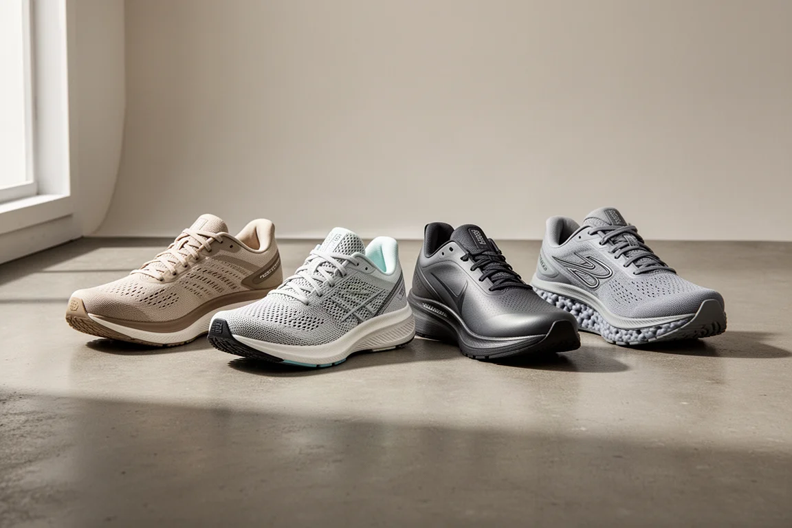 Four running shoes arranged in a row on a concrete studio floor