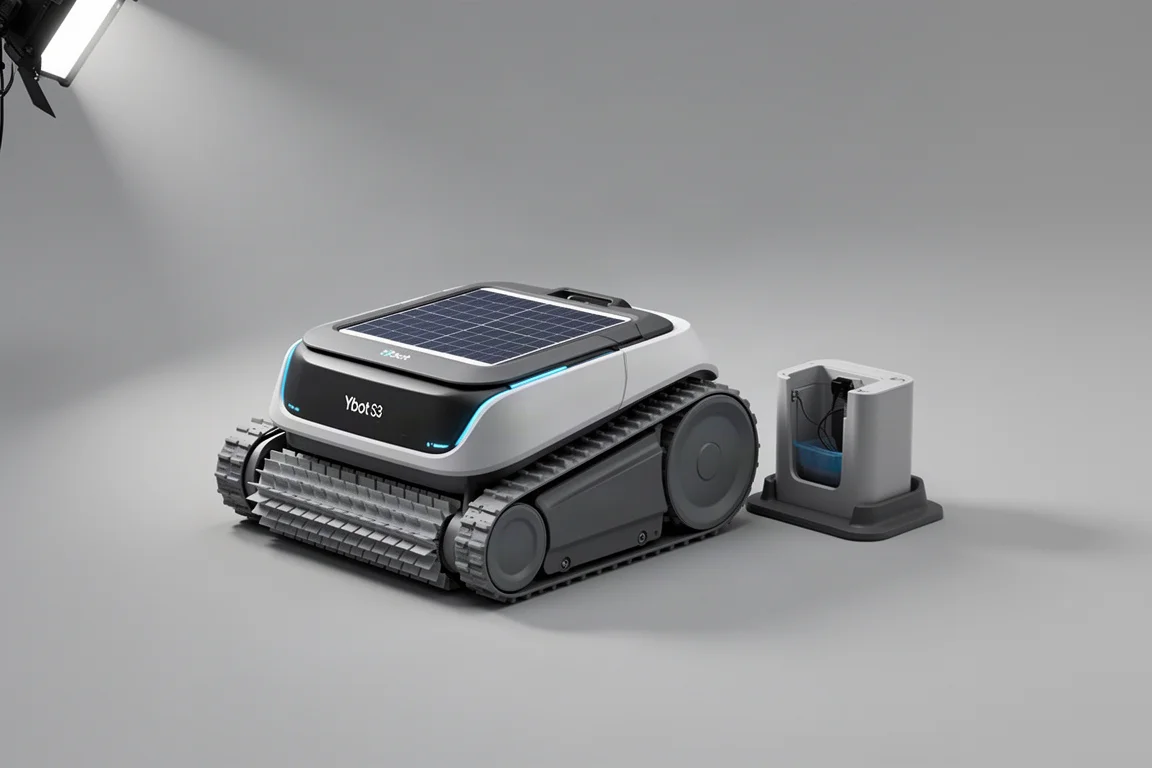 Ten robotic pool cleaners arranged in two rows on concrete beside a pool