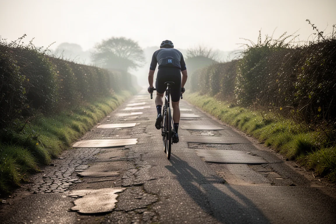 Cyclist riding a road bike on rough, patched country tarmac in early morning light