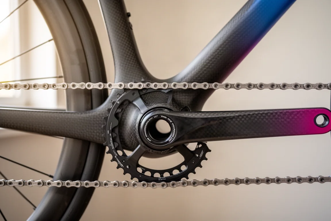 Close-up of a single chainring drivetrain and bottom bracket on a carbon road bike